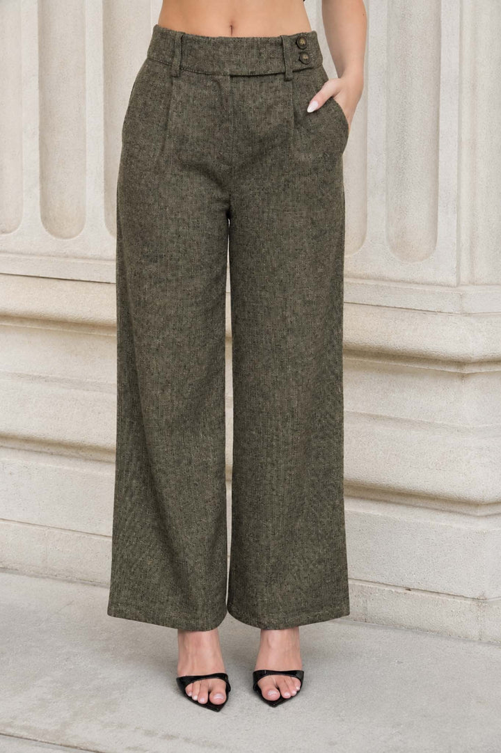 HIGH WAISTED PLEATED WIDE LEG TWEED PANTS