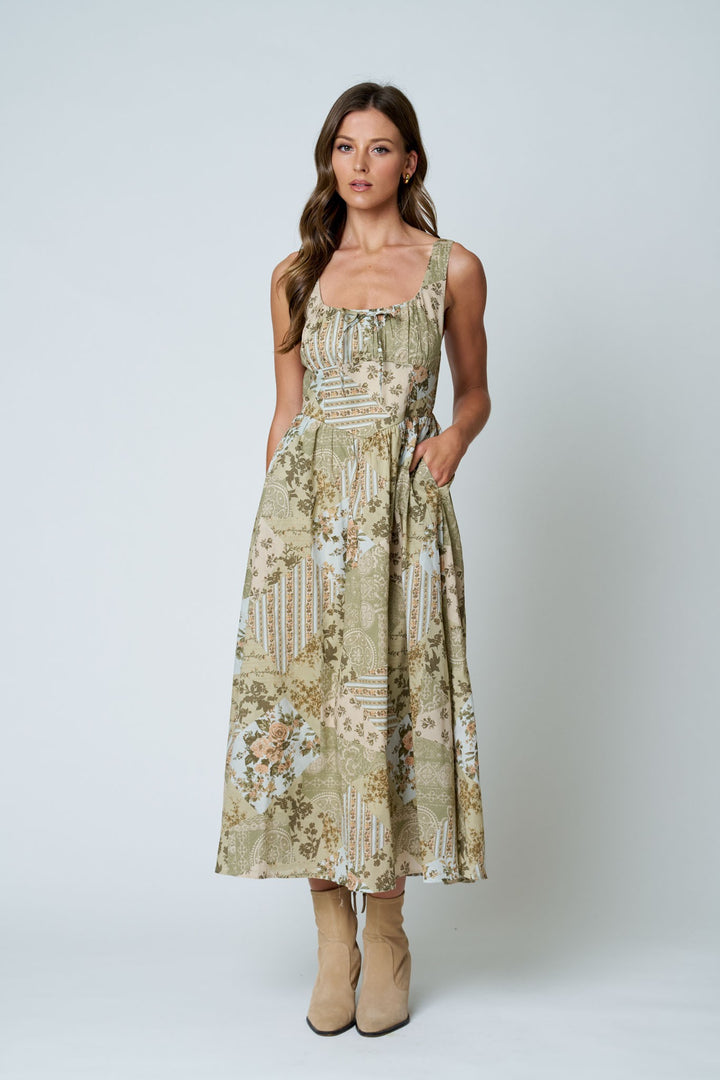 MULTI-PATTERN SLEEVELESS CORSET MIDI DRESS