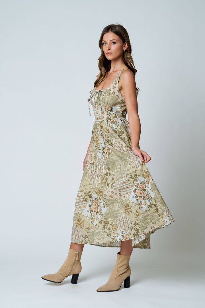 MULTI-PATTERN SLEEVELESS CORSET MIDI DRESS