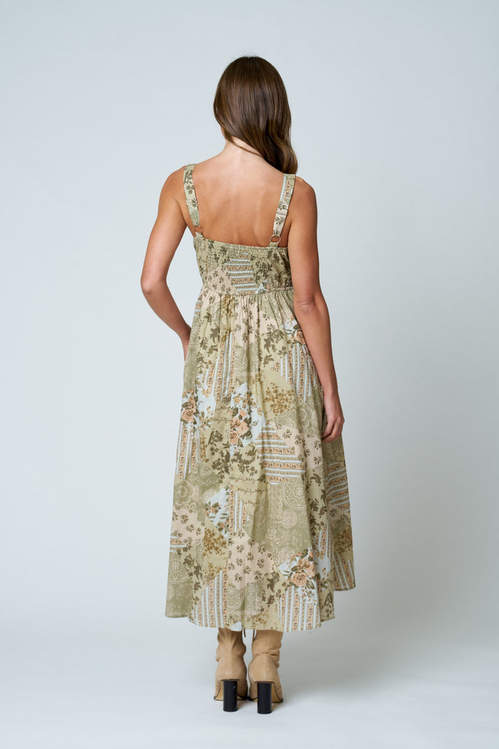 MULTI-PATTERN SLEEVELESS CORSET MIDI DRESS