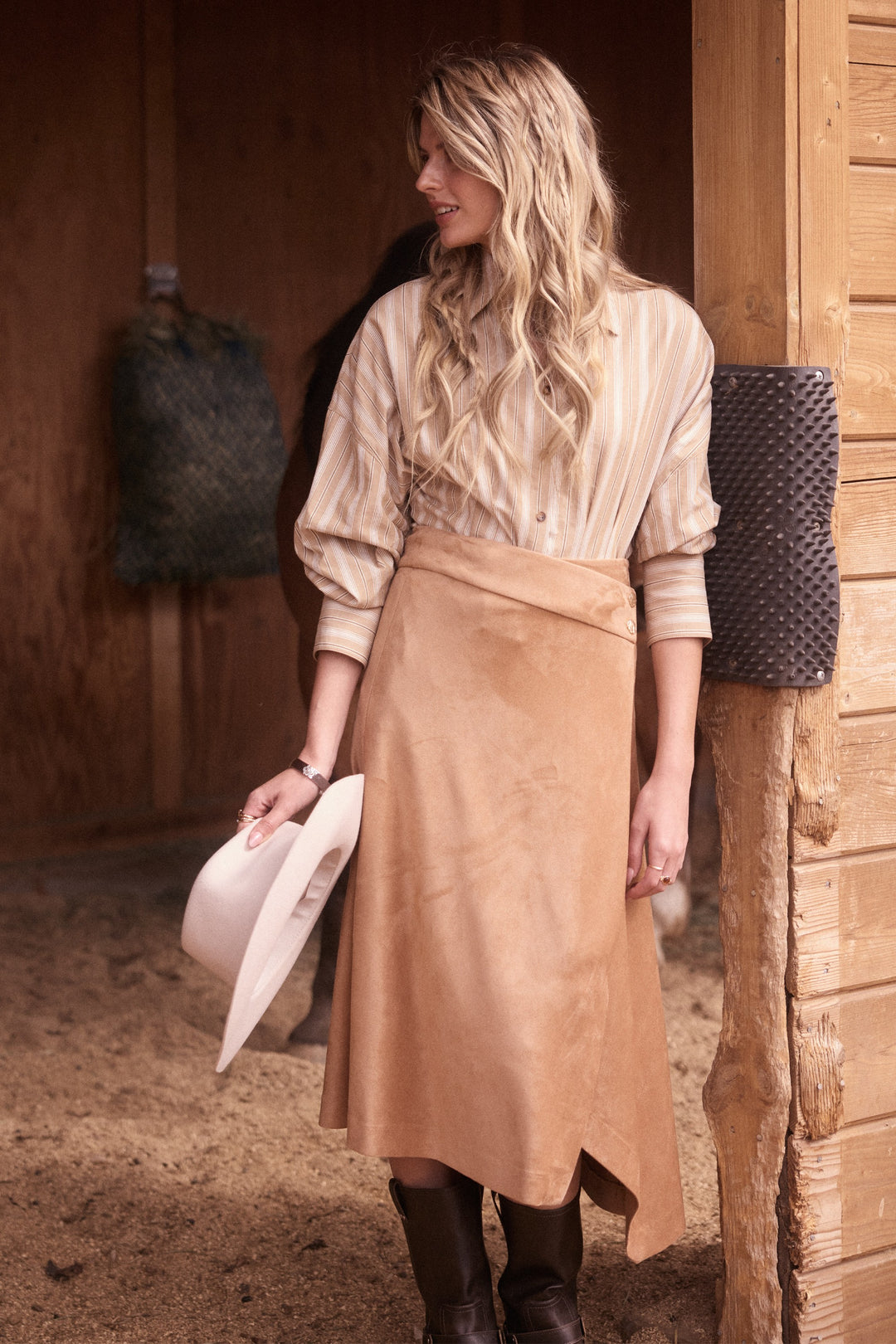 FAUX SUEDE ASYMMETRIC WRAP MIDI SKIRT