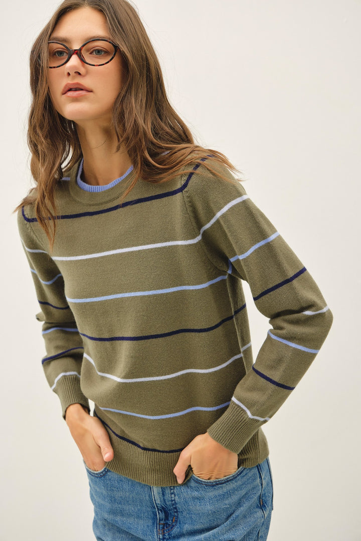 DOUBLE LAYERED LOOK STRIPE SWEATER TOP