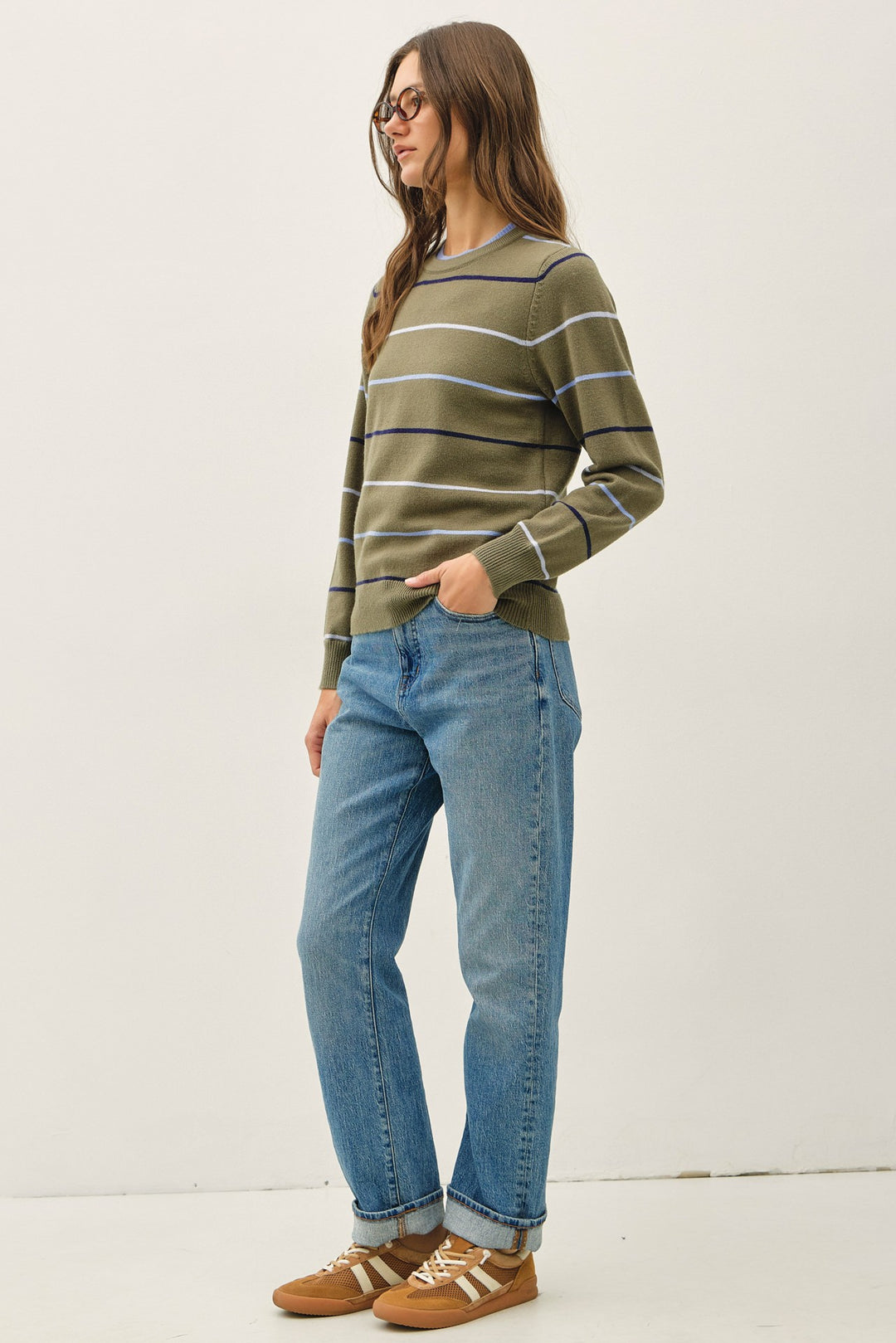 DOUBLE LAYERED LOOK STRIPE SWEATER TOP