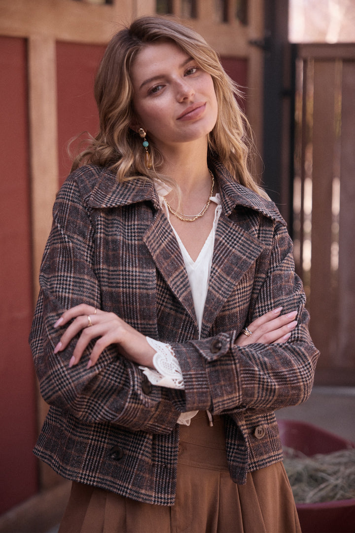PLAID CROPPED TRENCH JACKET WITH BELT