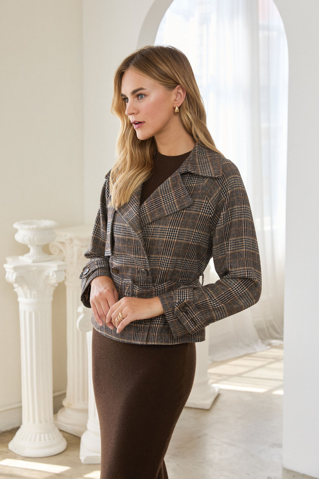 PLAID CROPPED TRENCH JACKET WITH BELT