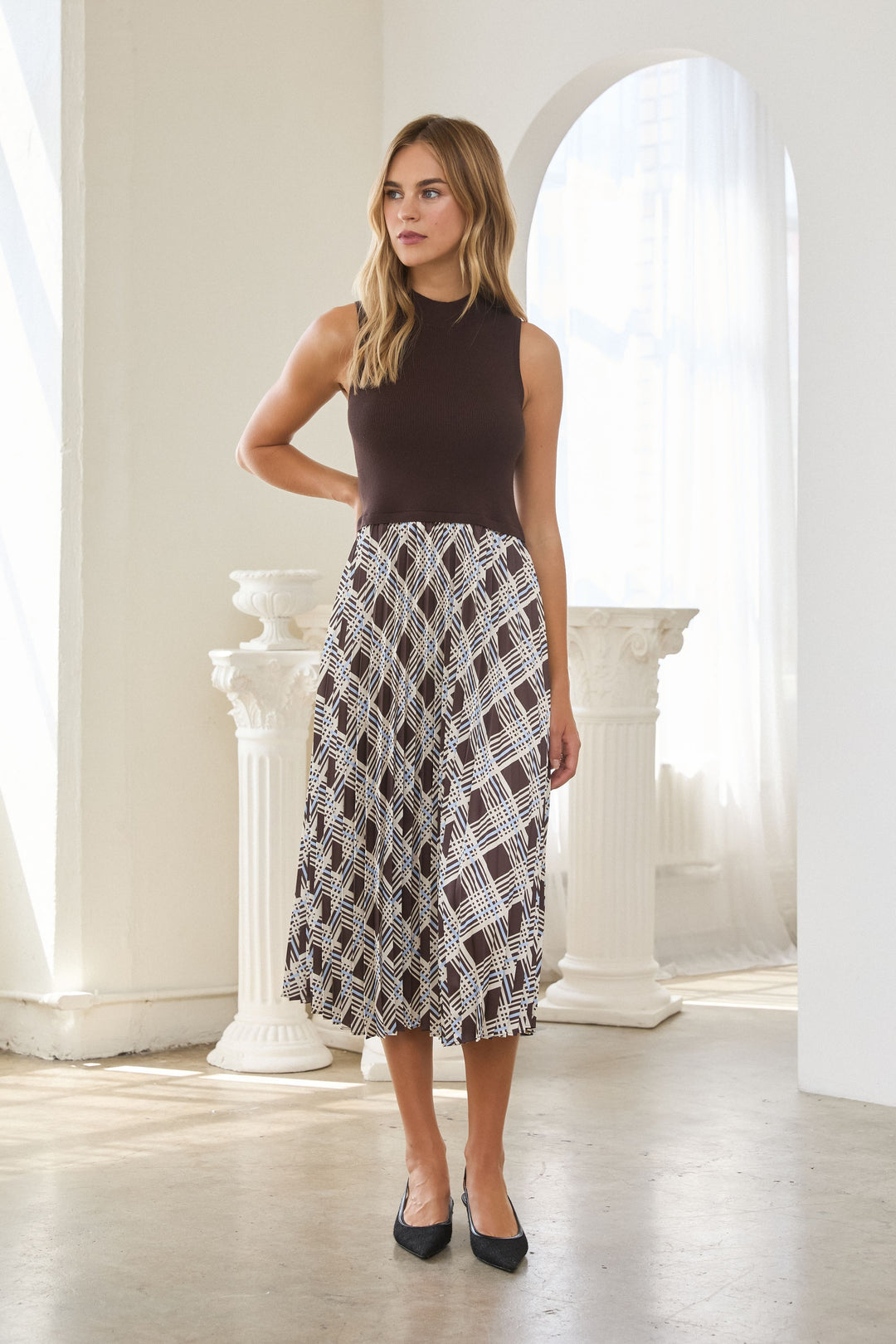 PLAID SLEEVELESS KNIT TWOFER DRESS