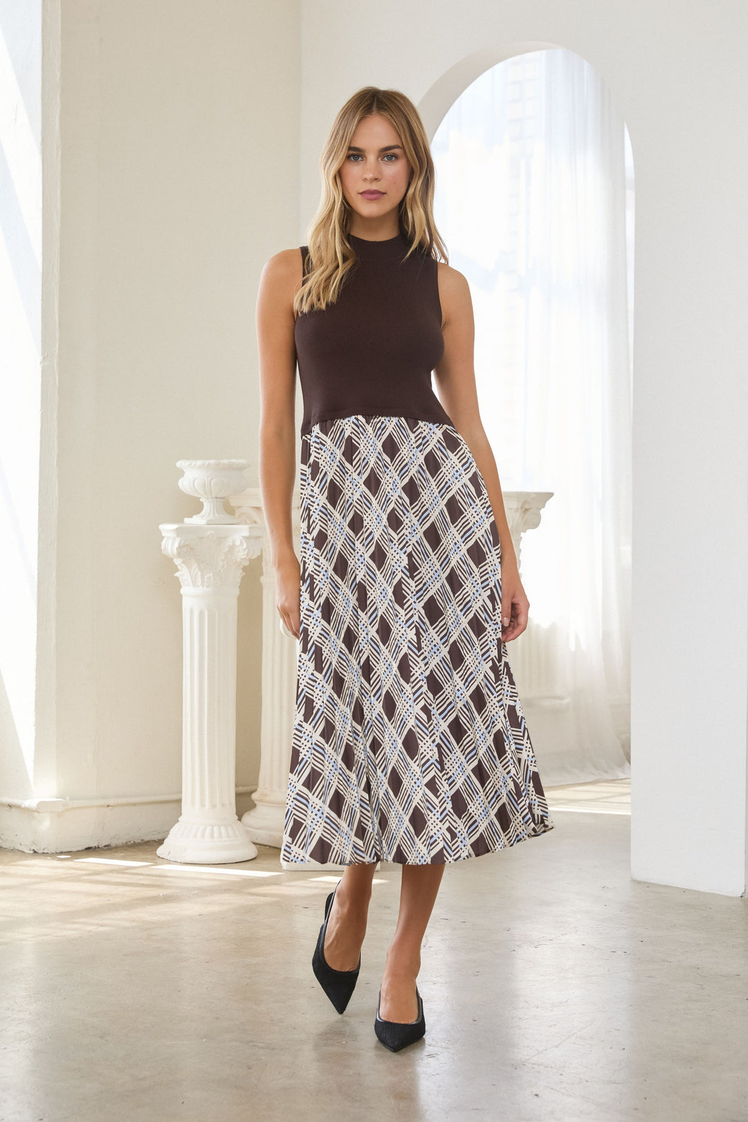 PLAID SLEEVELESS KNIT TWOFER DRESS