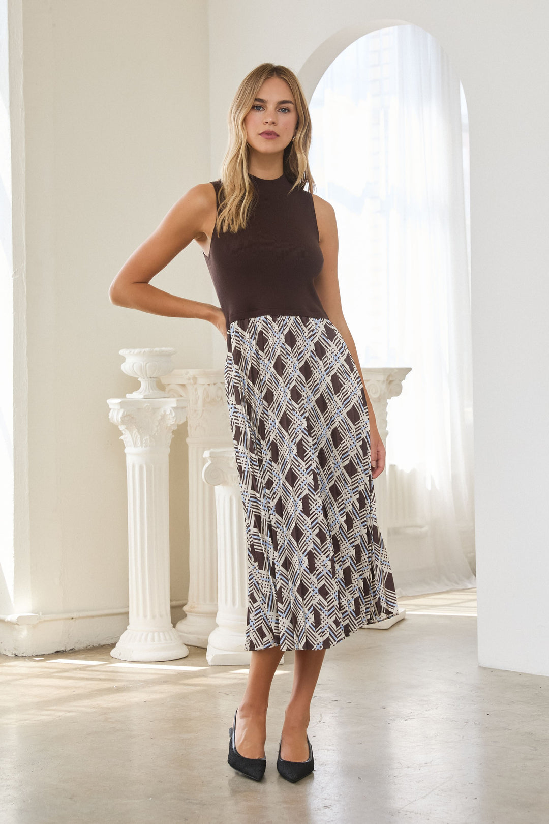 PLAID SLEEVELESS KNIT TWOFER DRESS