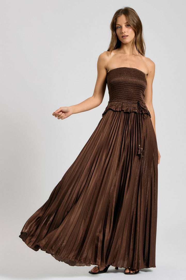 SMOCKED STRAPLESS PLEATED MAXI DRESS