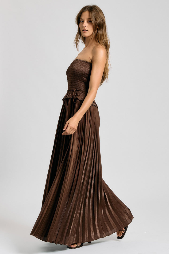 SMOCKED STRAPLESS PLEATED MAXI DRESS