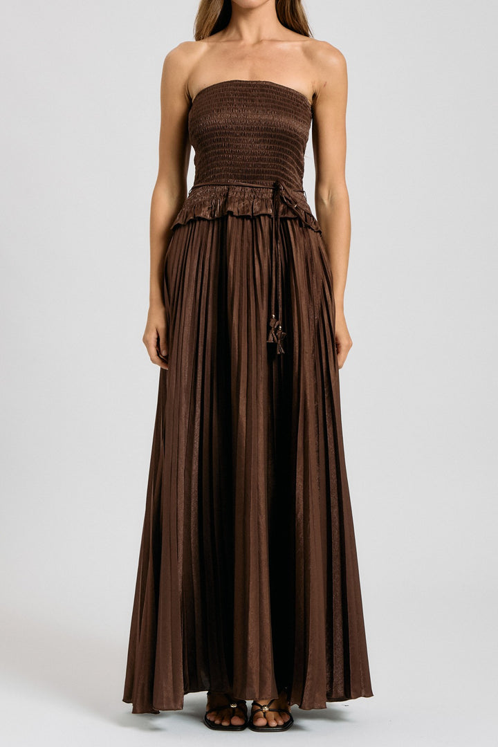 SMOCKED STRAPLESS PLEATED MAXI DRESS