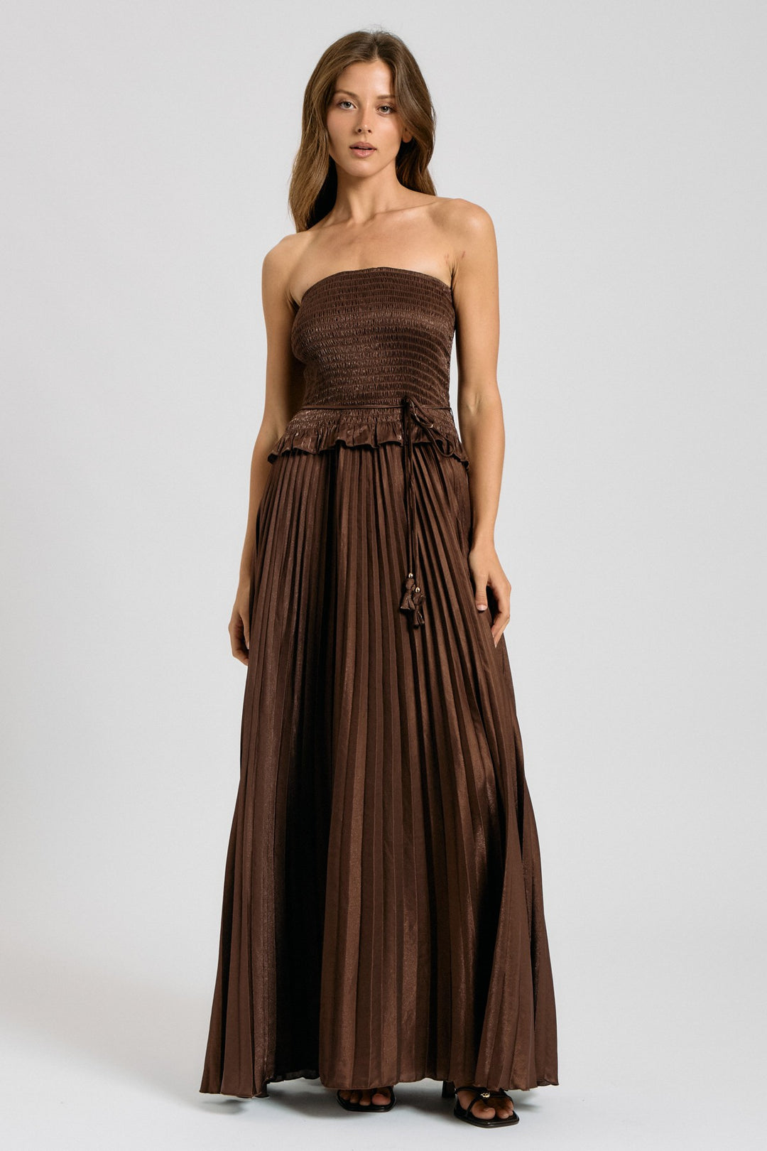 SMOCKED STRAPLESS PLEATED MAXI DRESS