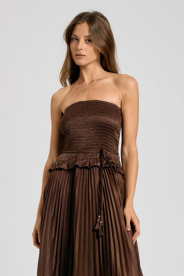 SMOCKED STRAPLESS PLEATED MAXI DRESS