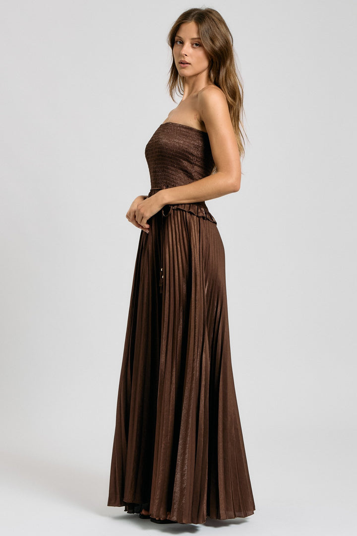 SMOCKED STRAPLESS PLEATED MAXI DRESS