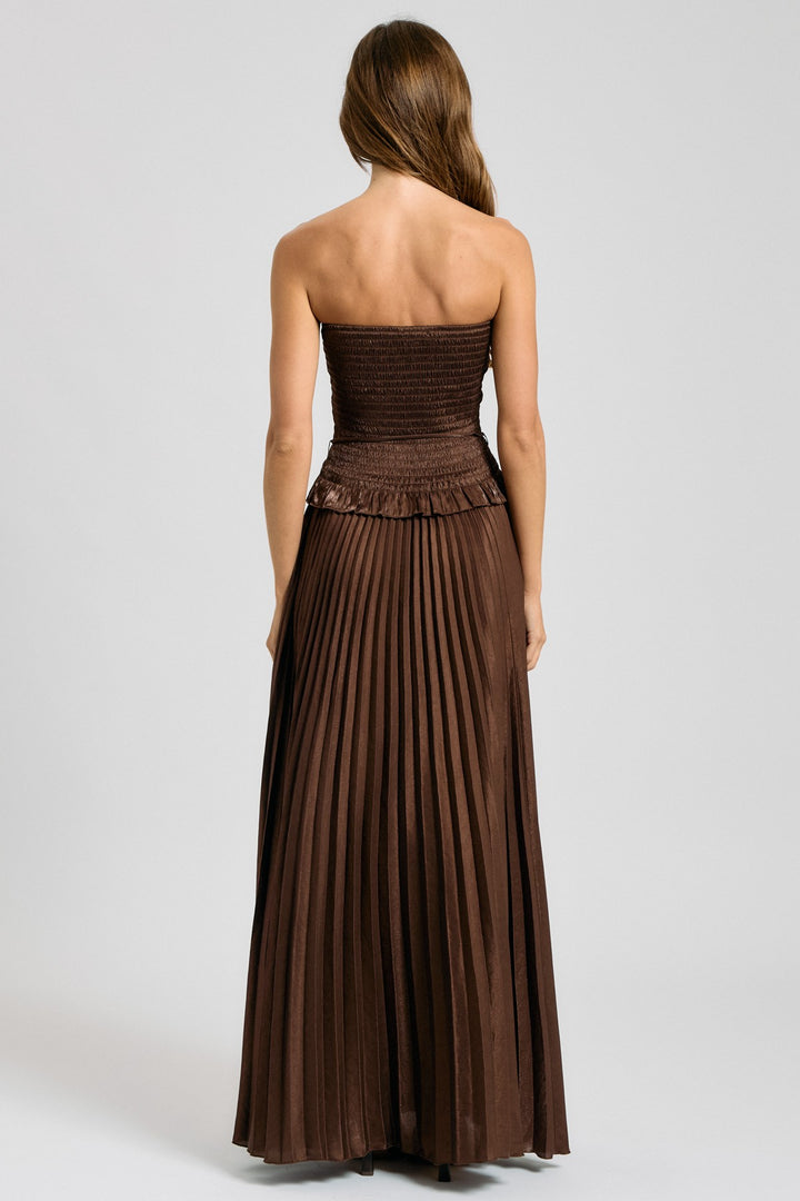 SMOCKED STRAPLESS PLEATED MAXI DRESS