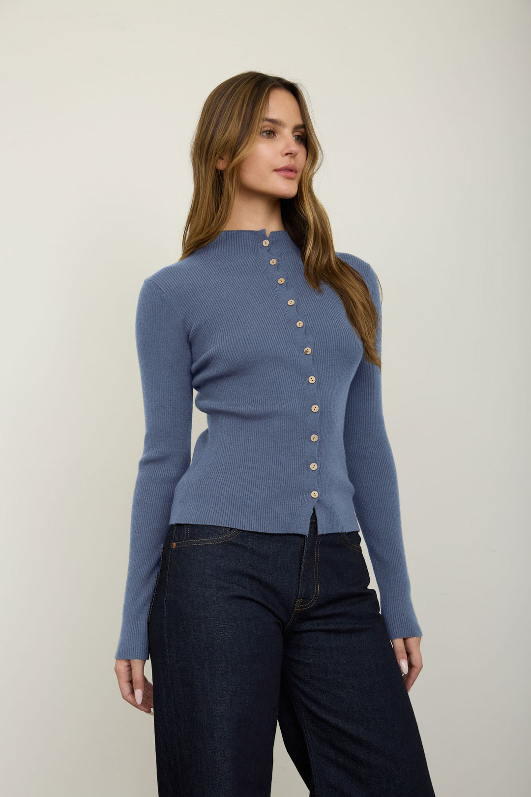MOCK NECK SCALLOPED BUTTON KNIT CARDIGAN