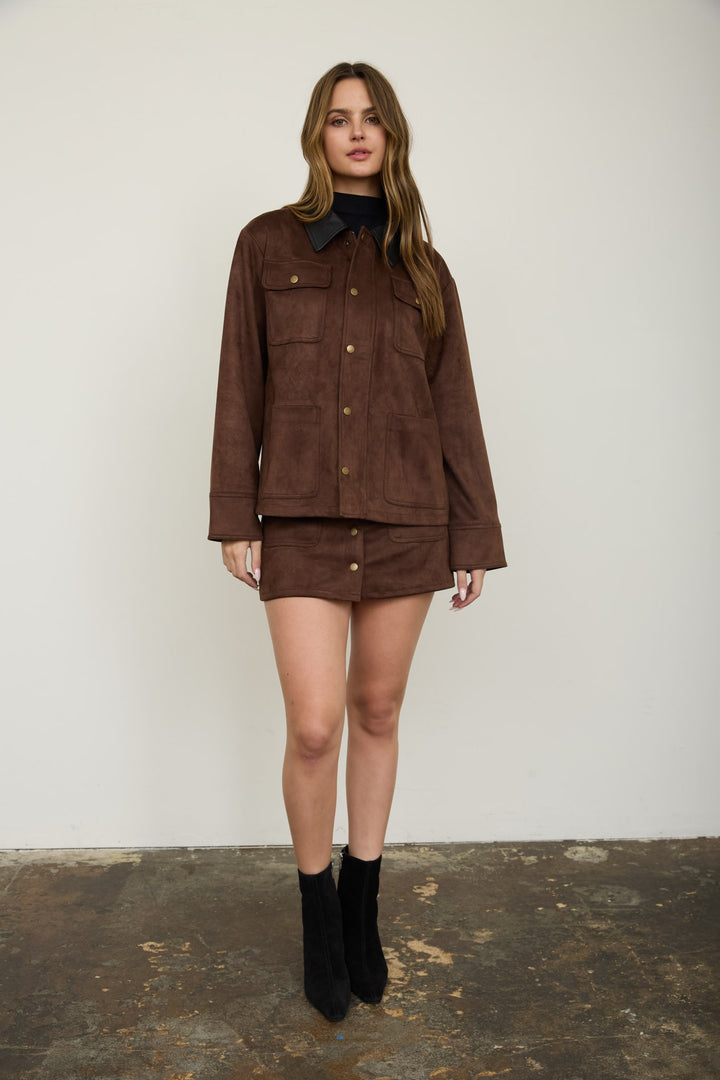 SNAP FRONT SUEDE MINI SKIRT