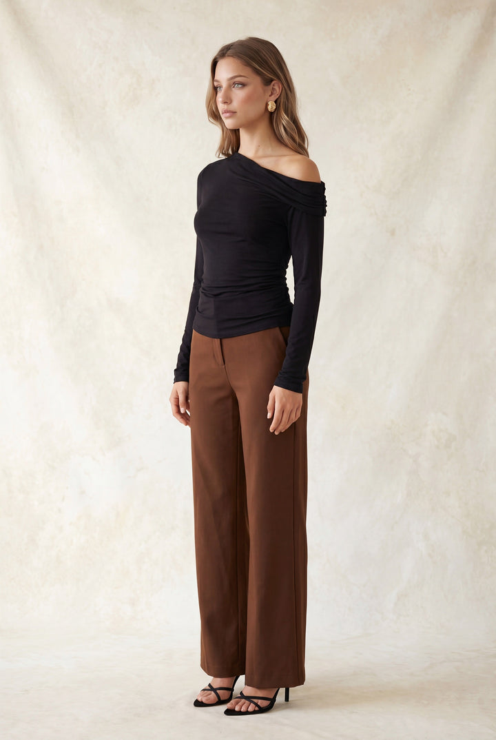 OFF SHOULDER RUCHED LONG SLEEVE TOP