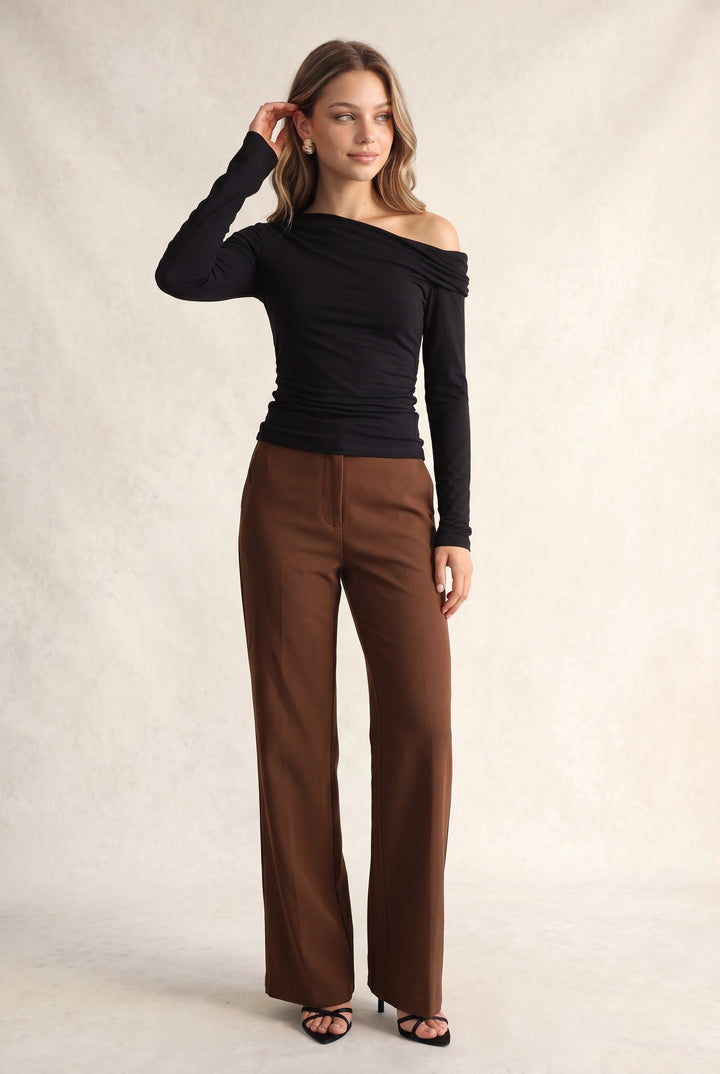 OFF SHOULDER RUCHED LONG SLEEVE TOP