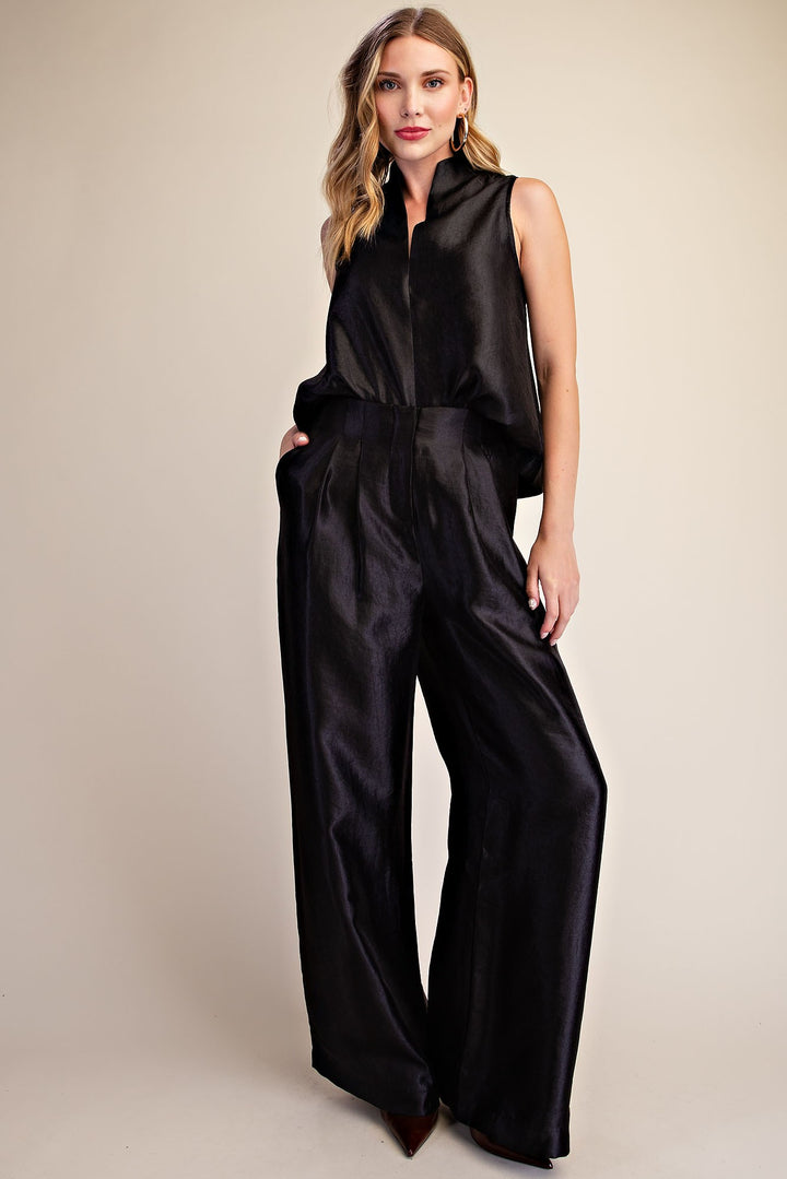 STAND COLLAR SLIT V NECK TOP