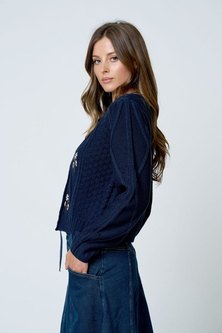 FLORAL EMBROIDERED CABLE KNIT CARDIGAN