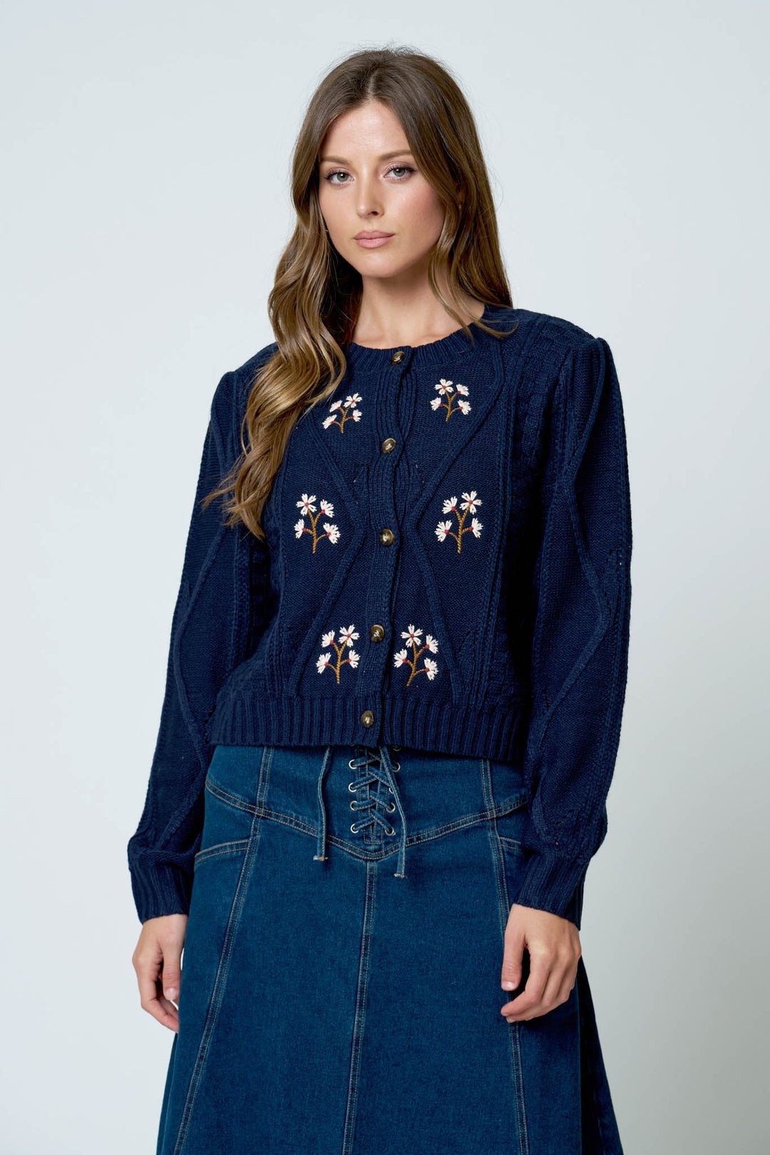 FLORAL EMBROIDERED CABLE KNIT CARDIGAN