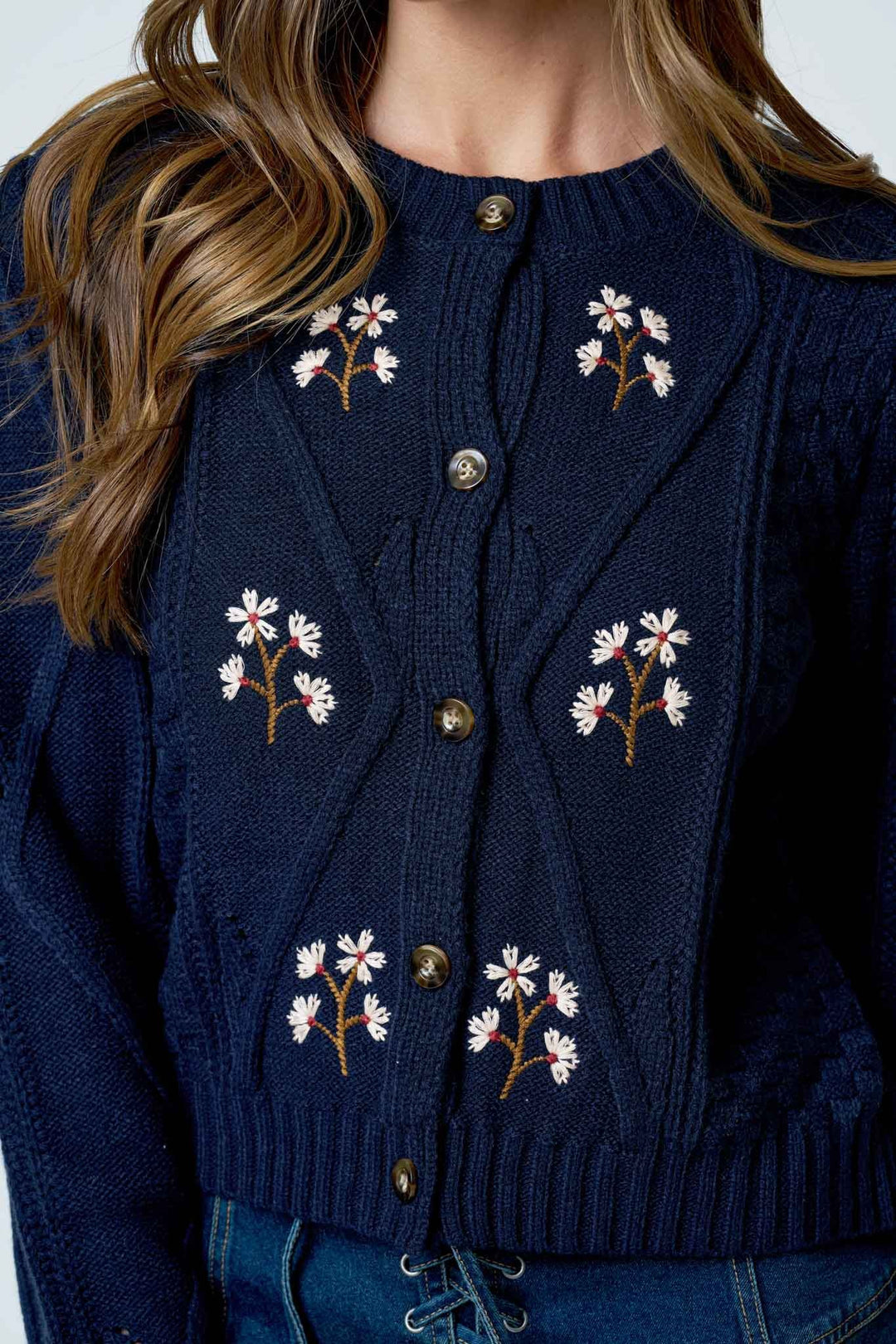FLORAL EMBROIDERED CABLE KNIT CARDIGAN