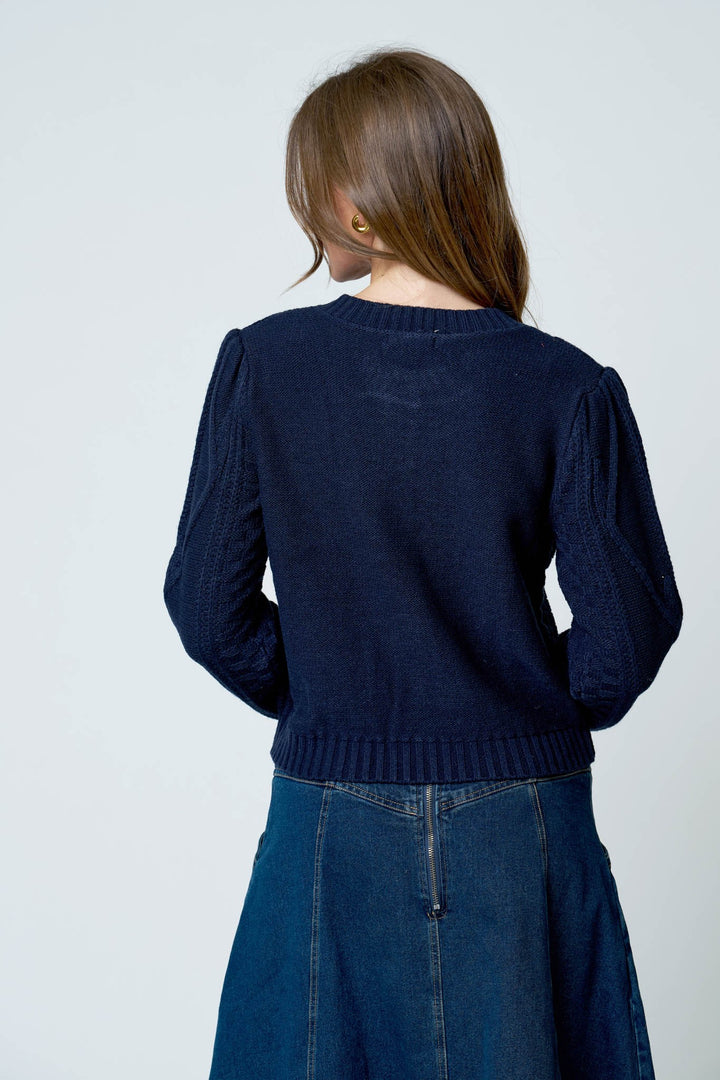 FLORAL EMBROIDERED CABLE KNIT CARDIGAN
