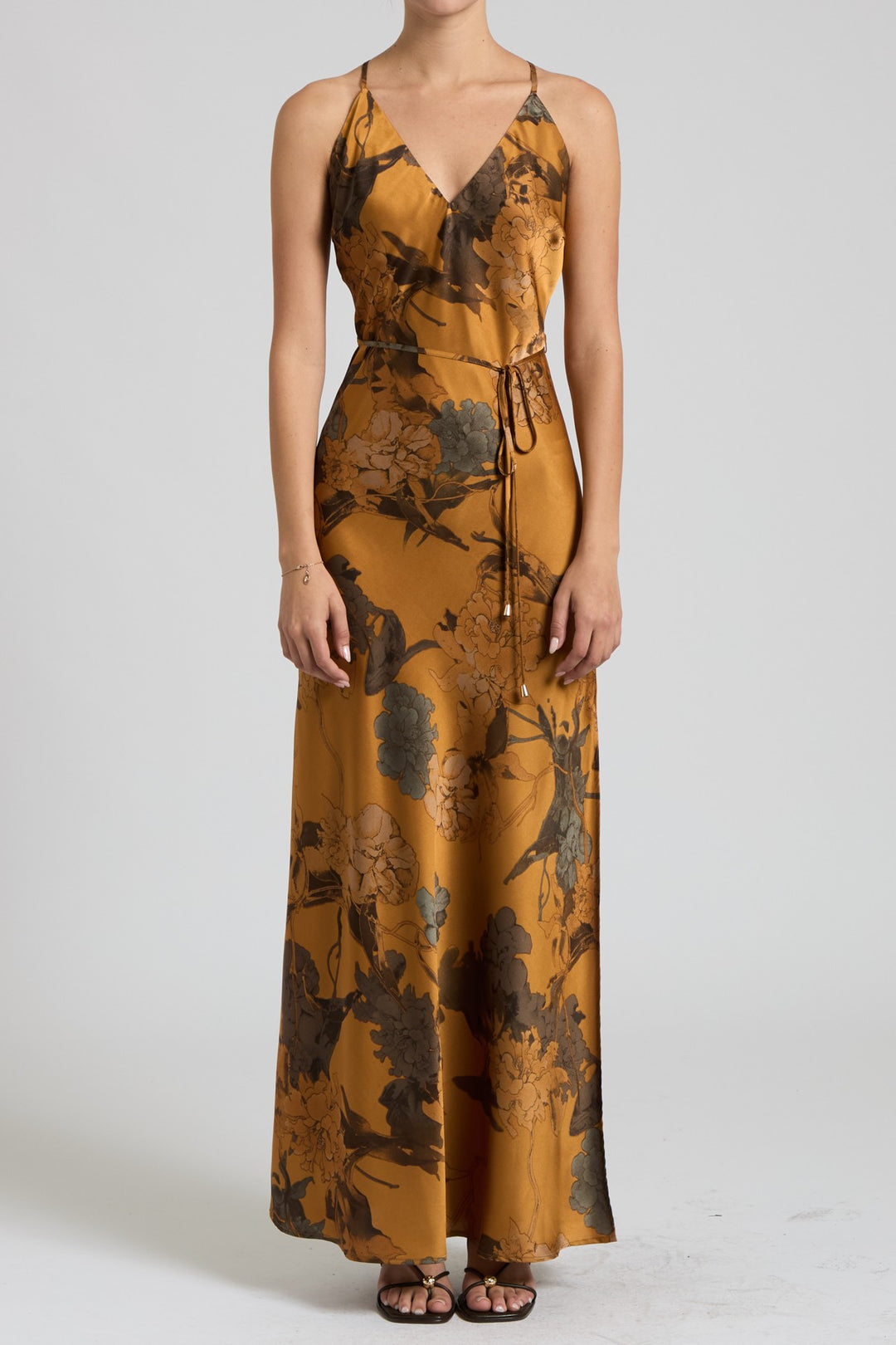 CROSS BACK FLORAL SATIN MAXI DRESS