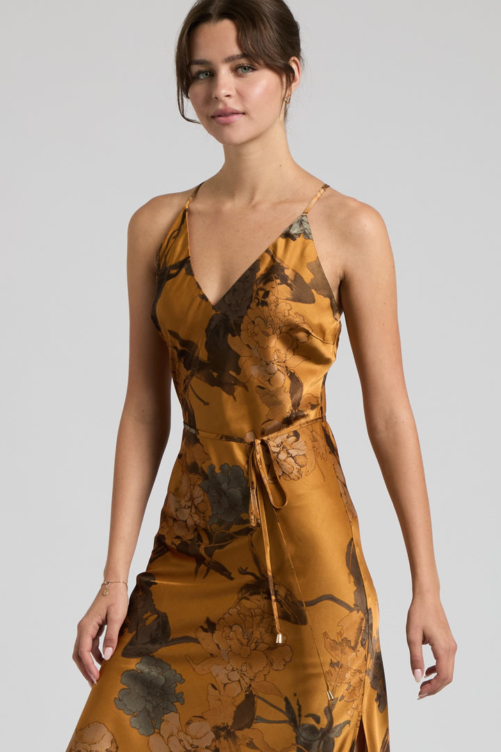 CROSS BACK FLORAL SATIN MAXI DRESS