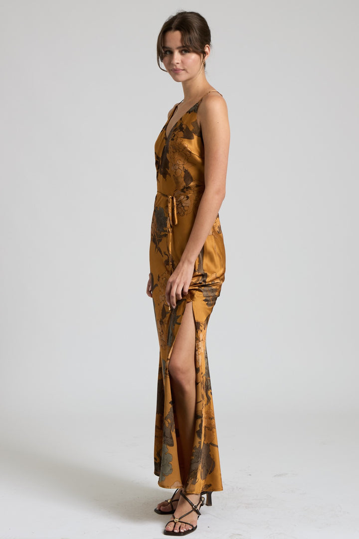 CROSS BACK FLORAL SATIN MAXI DRESS