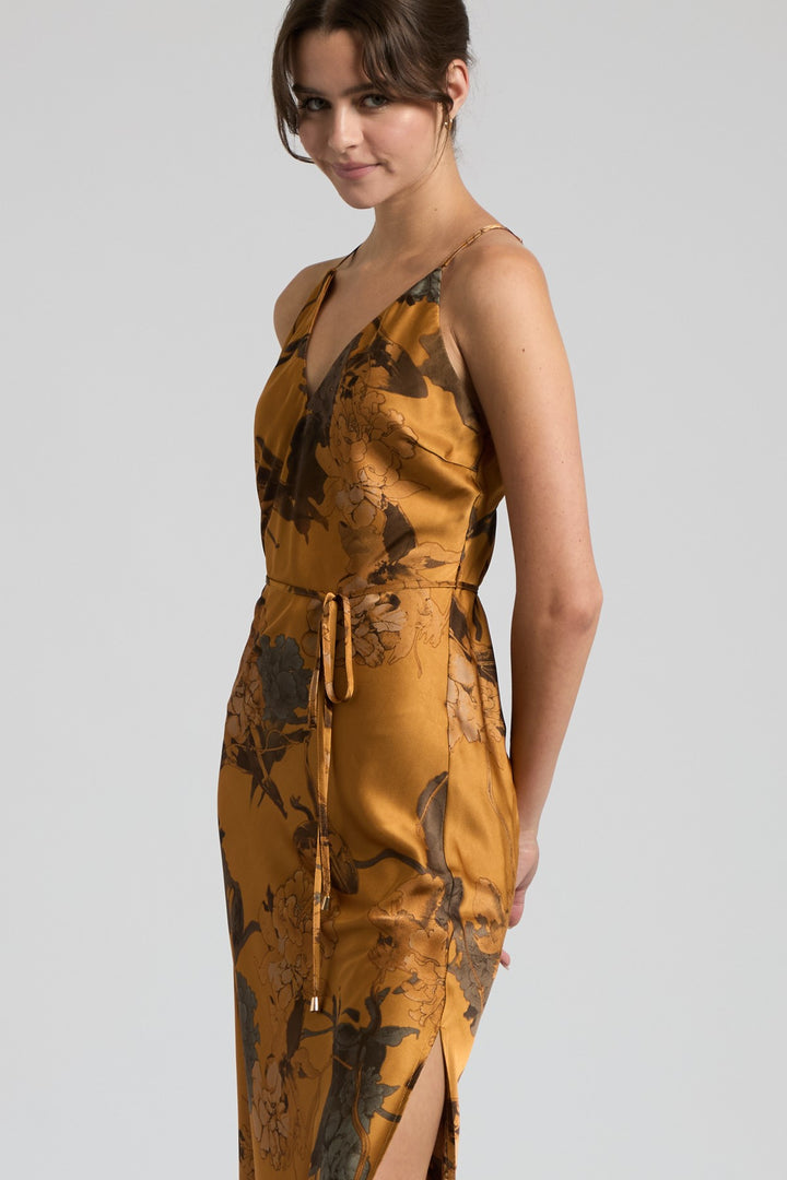 CROSS BACK FLORAL SATIN MAXI DRESS