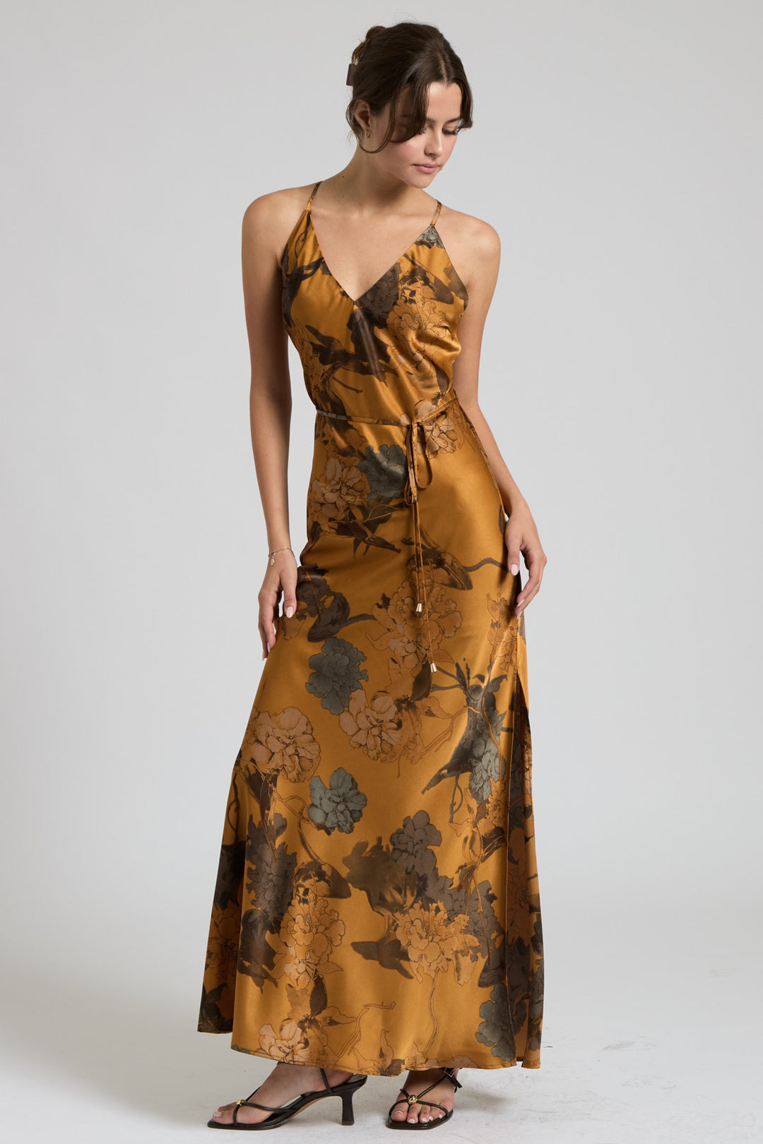 CROSS BACK FLORAL SATIN MAXI DRESS