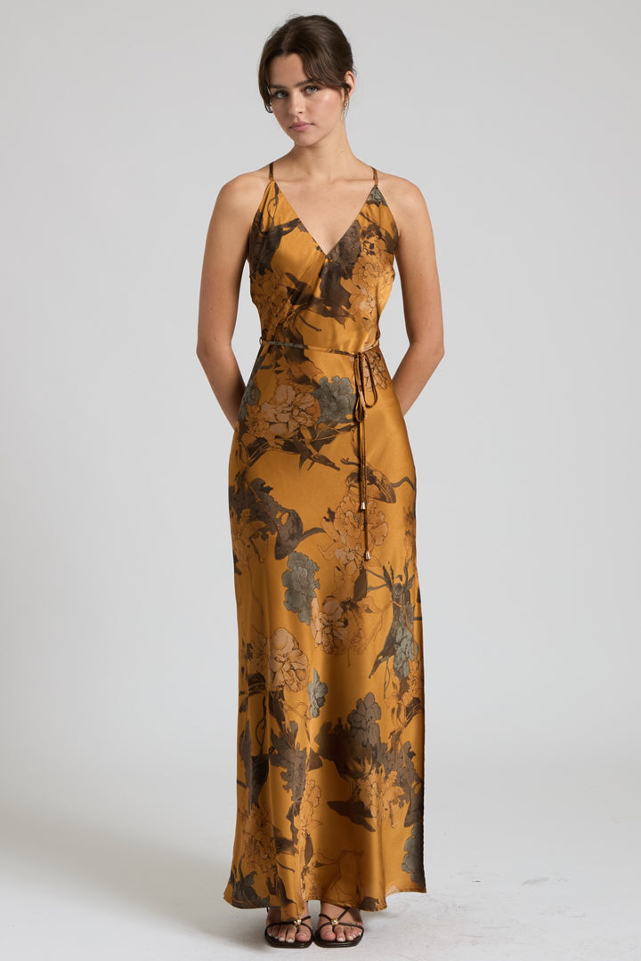 CROSS BACK FLORAL SATIN MAXI DRESS