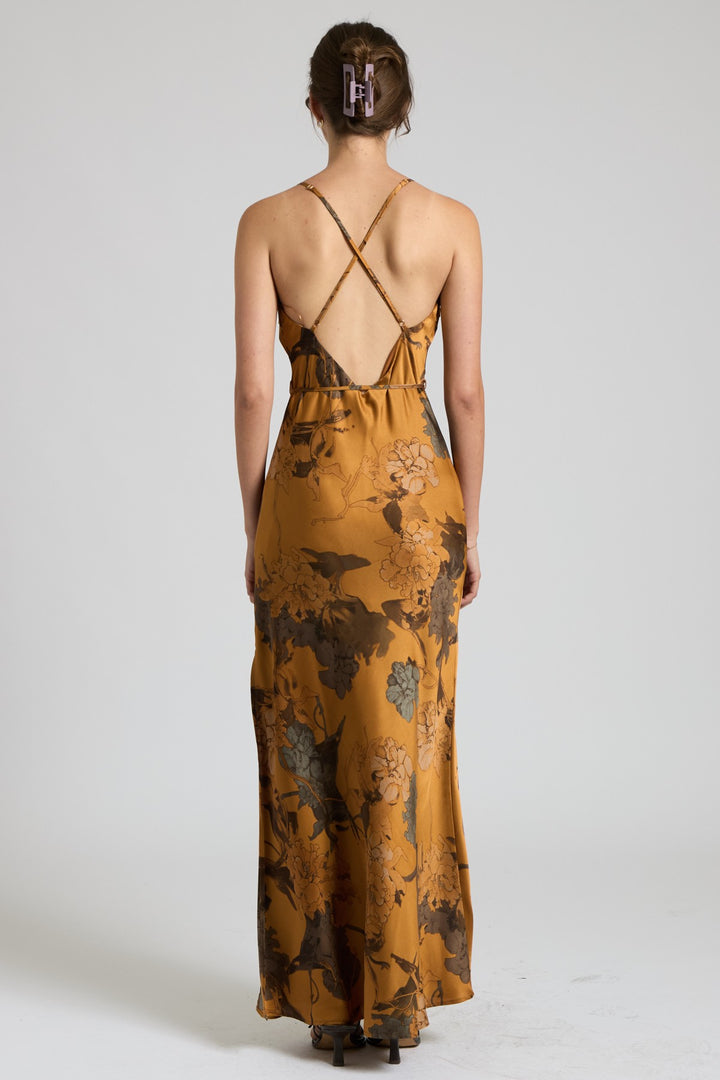 CROSS BACK FLORAL SATIN MAXI DRESS