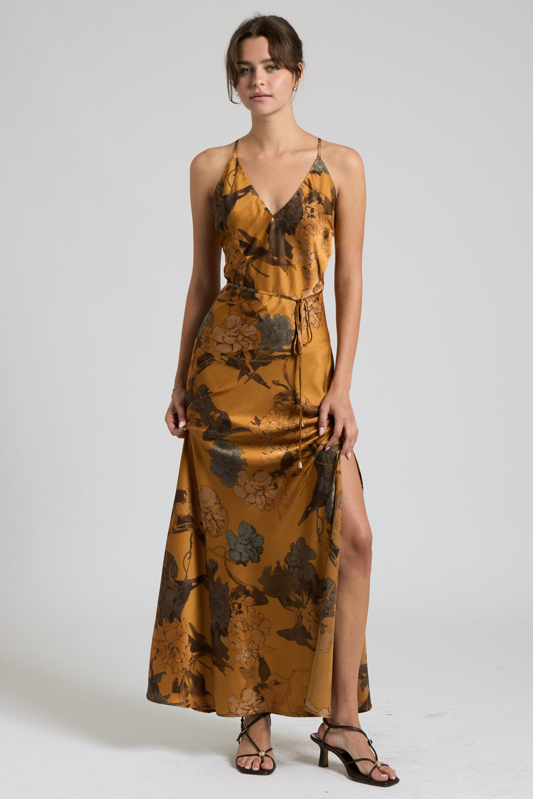 CROSS BACK FLORAL SATIN MAXI DRESS