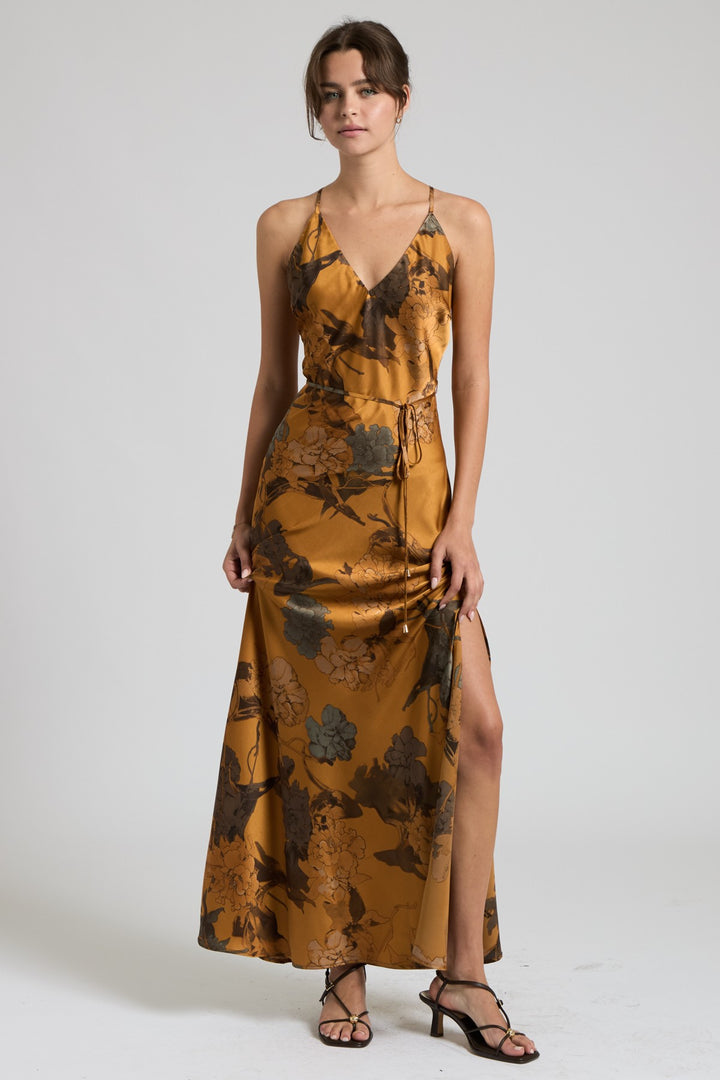 CROSS BACK FLORAL SATIN MAXI DRESS