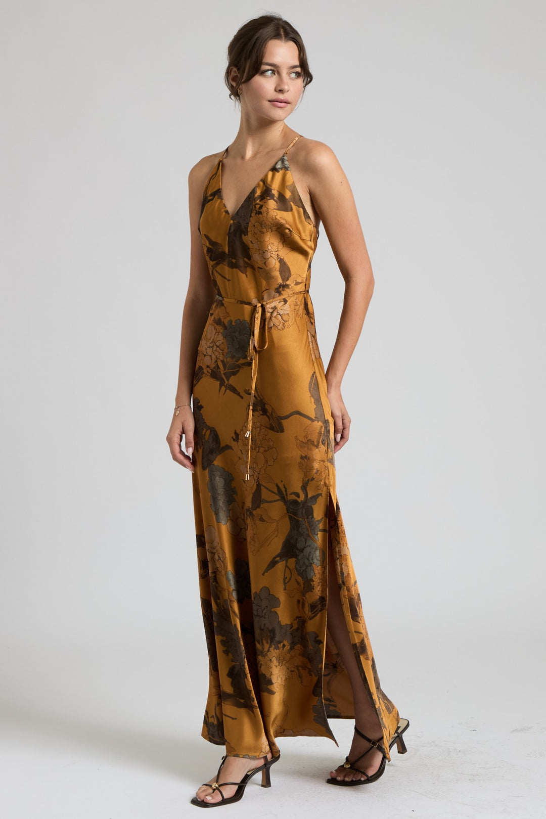 CROSS BACK FLORAL SATIN MAXI DRESS