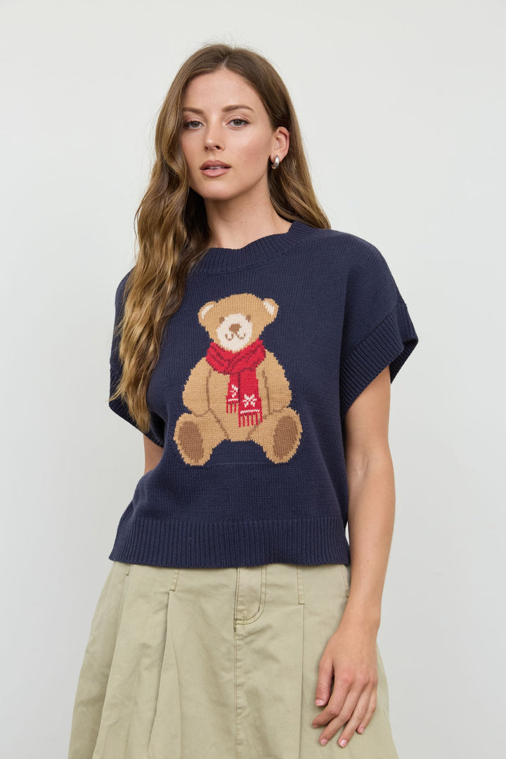 TEDDY BEAR JACQUARD SHORT SLEEVE KNIT SWEATER