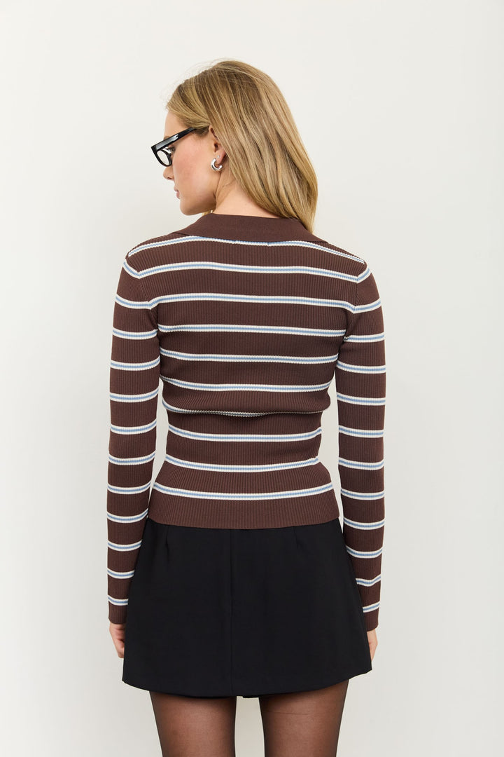 STRIPE SNAP BUTTON RIBBED POLO KNIT SWEATER TOP