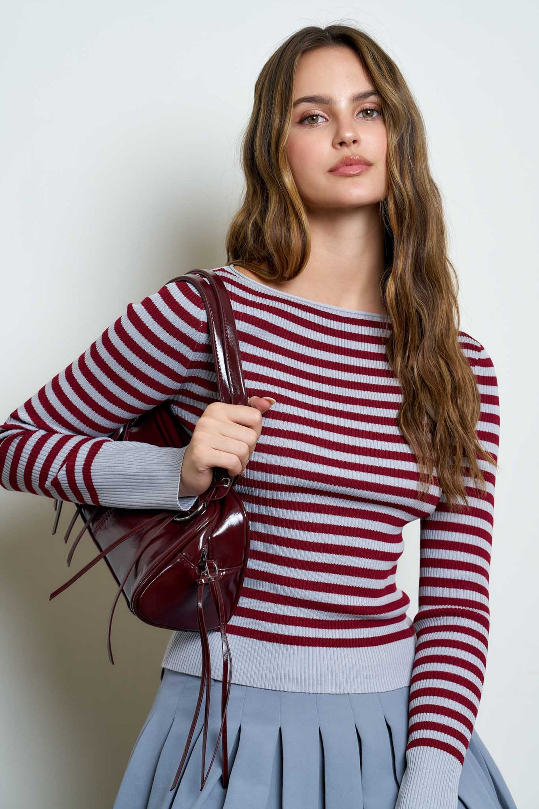 BOAT NECK STRIPE RIBBED SWEATER TOP