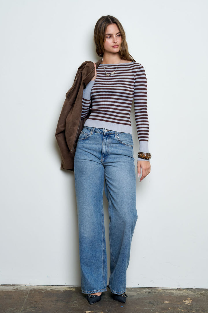 BOAT NECK STRIPE RIBBED SWEATER TOP
