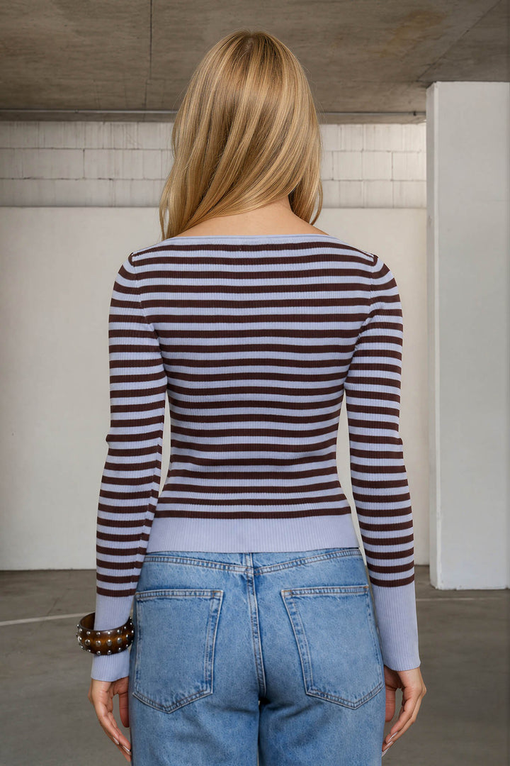 BOAT NECK STRIPE RIBBED SWEATER TOP