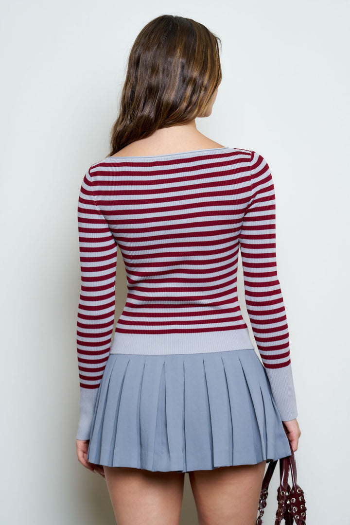 BOAT NECK STRIPE RIBBED SWEATER TOP