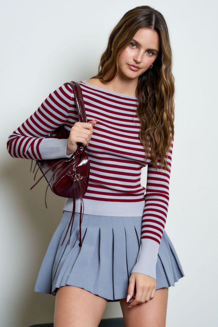 BOAT NECK STRIPE RIBBED SWEATER TOP