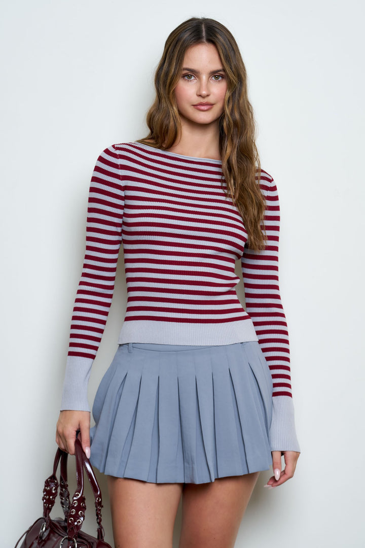 BOAT NECK STRIPE RIBBED SWEATER TOP