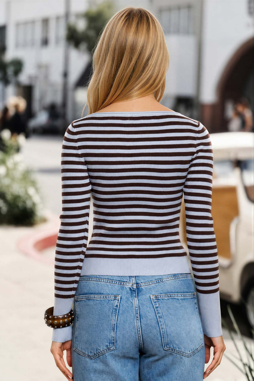 BOAT NECK STRIPE RIBBED SWEATER TOP