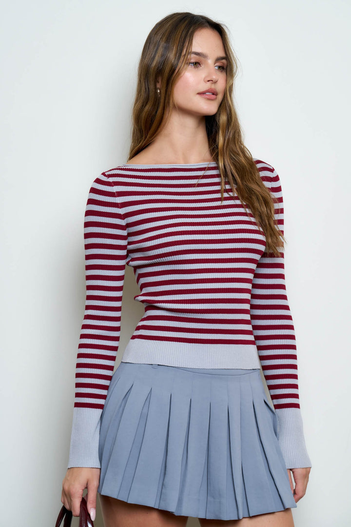 BOAT NECK STRIPE RIBBED SWEATER TOP