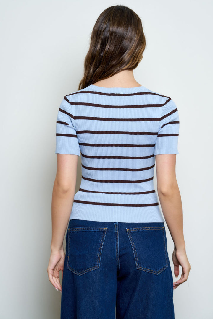 STRIPE BUTTON FRONT SHORT SLEEVE TOP