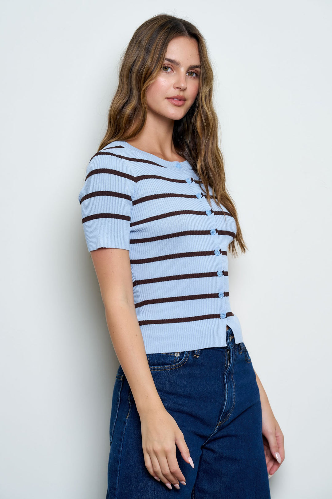 STRIPE BUTTON FRONT SHORT SLEEVE TOP